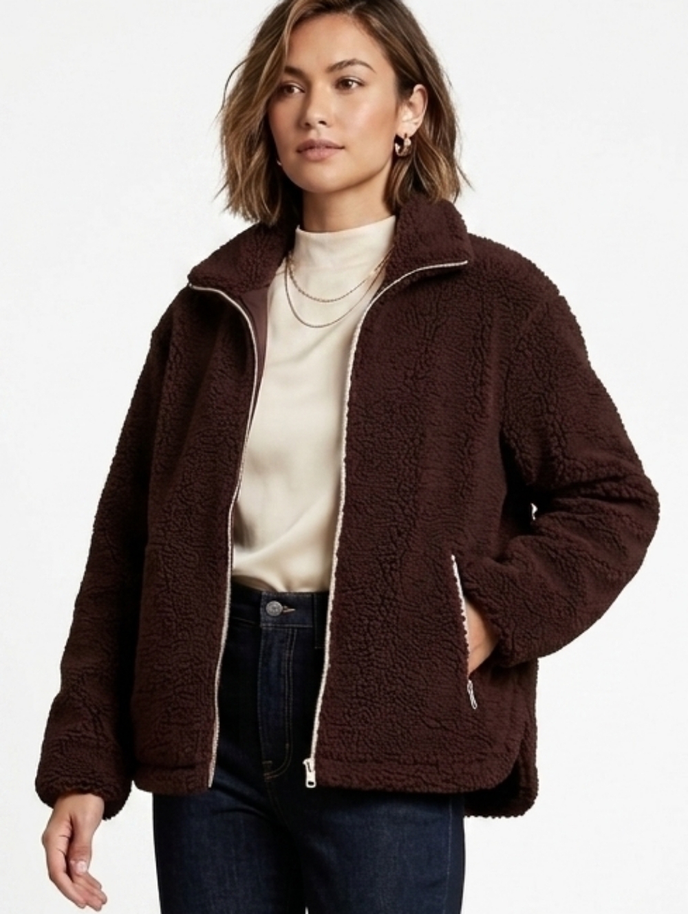 NWT Calvin Klein Dark Chocolate Brown Teddy Zip-Up Jacket With Pockets Sz M - Picture 1 of 10